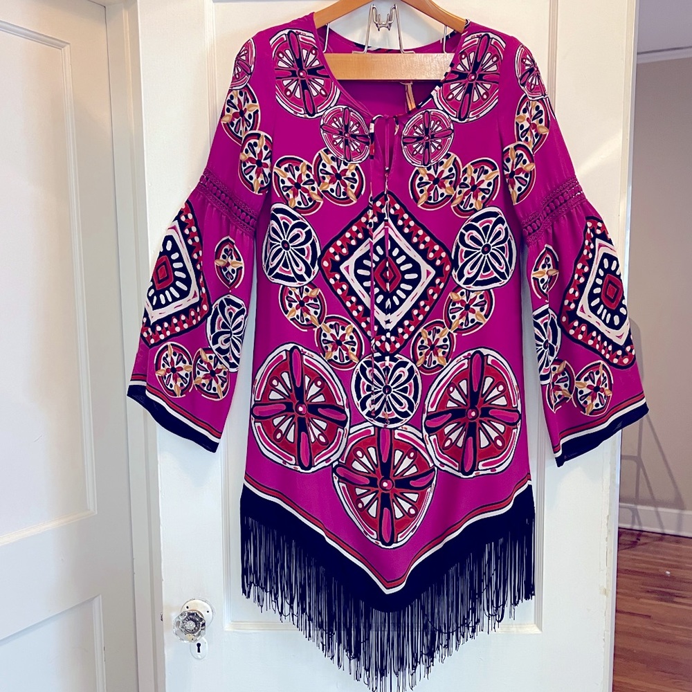 Chelsea & Violet - Long Sleeve Magenta Dress with Fringe